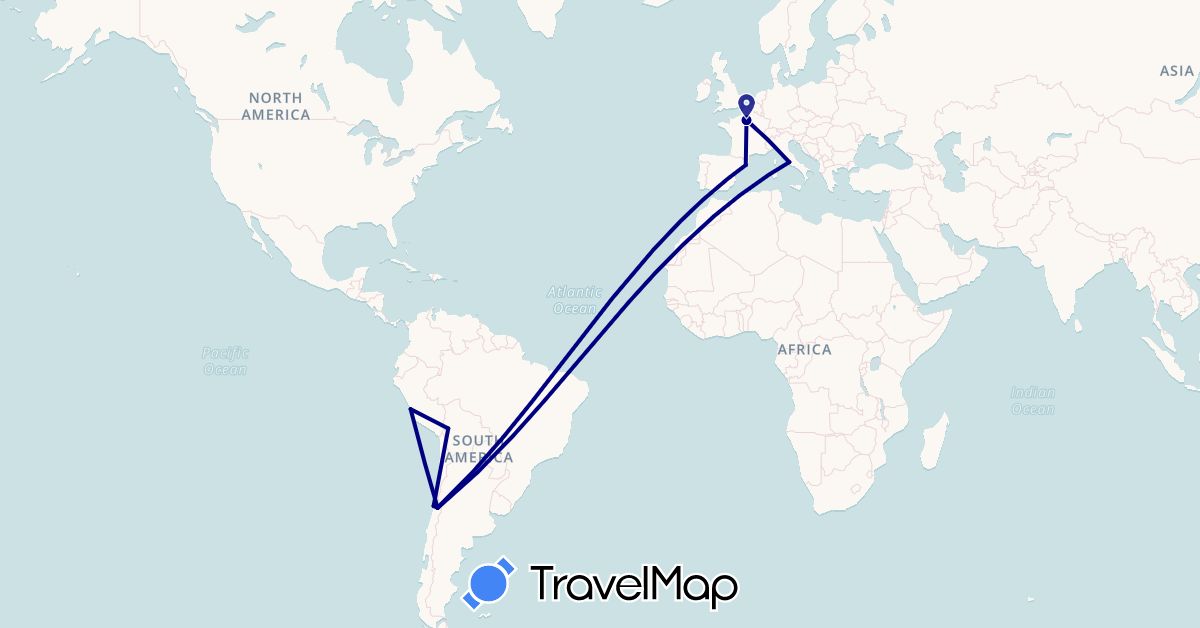TravelMap itinerary: driving in Bolivia, Chile, Spain, France, Italy, Peru (Europe, South America)